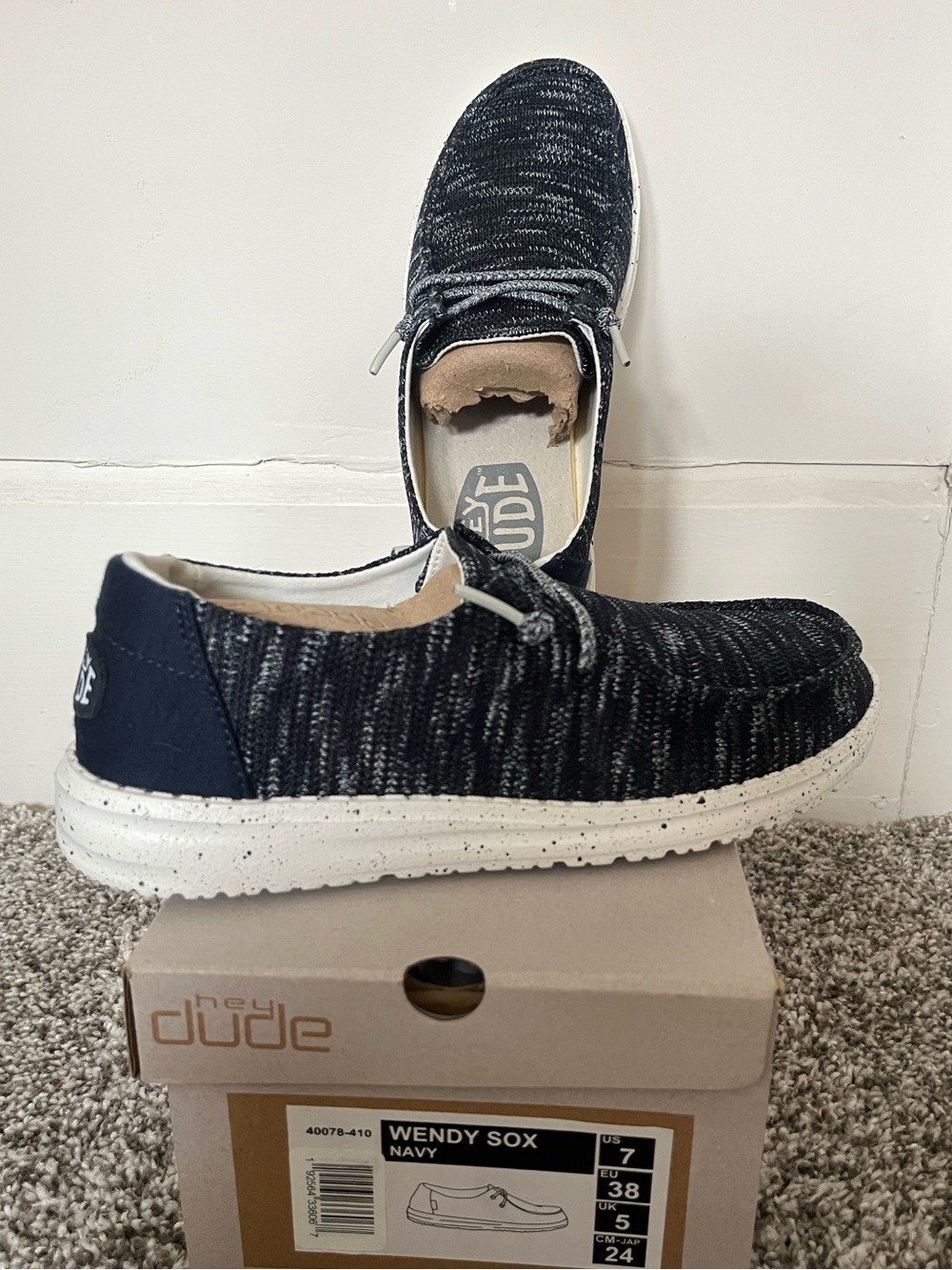Hey Dude Wendy Sox Slip-On Sneakers in Navy and White - Size 7